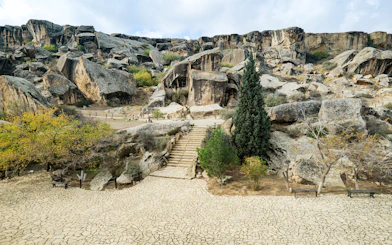 Rock formations and stone steps at Gobustan National Park, Azerbaijan.
