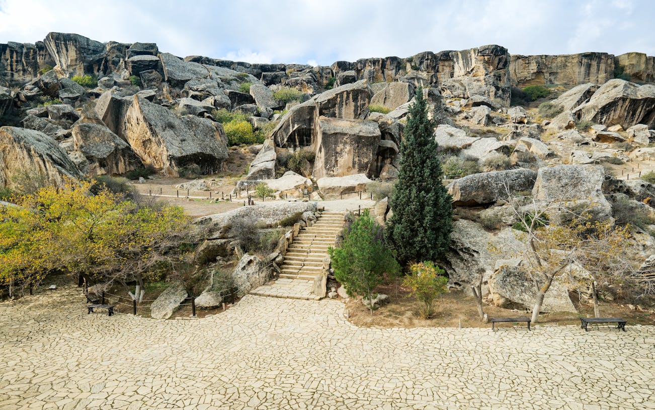 Rock formations and stone steps at Gobustan National Park, Azerbaijan.