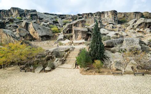 Rock formations and stone steps at Gobustan National Park, Azerbaijan.