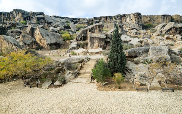 Rock formations and stone steps at Gobustan National Park, Azerbaijan.