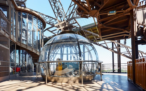 Viewing deck with glass dome on the Eiffel Tower in Paris.