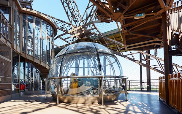 Viewing deck with glass dome on the Eiffel Tower in Paris.