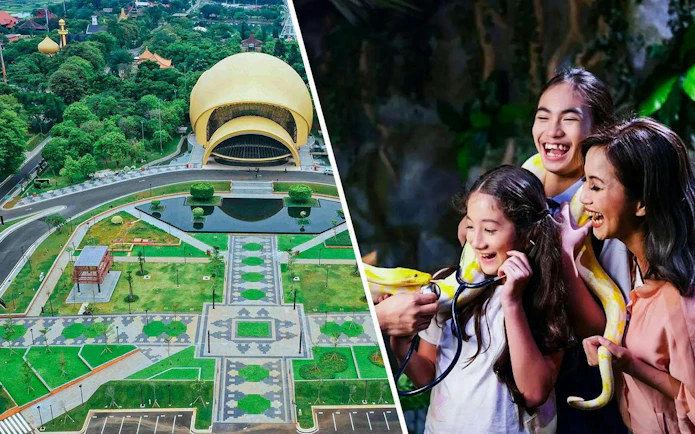 Taman Mini Indonesia aerial view and family enjoying snake encounter at Jakarta Aquarium Safari.