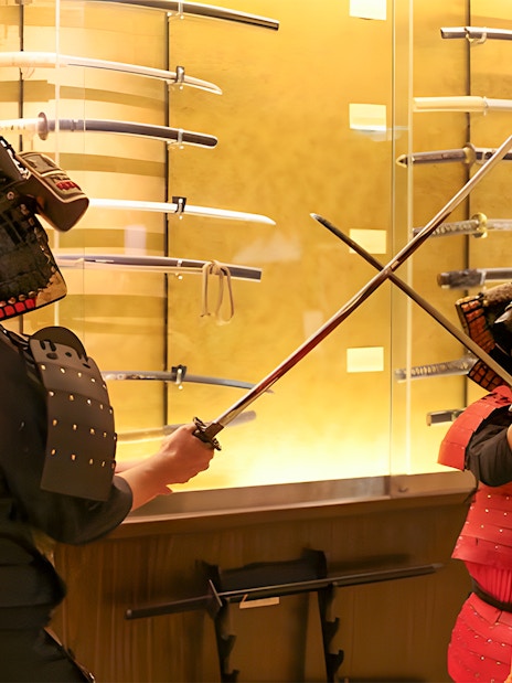 Samurai duel demonstration at Samurai Ninja Museum Tokyo.