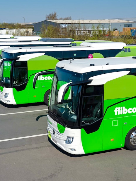 Buses parked in a lot at Charleroi Airport, Belgium.