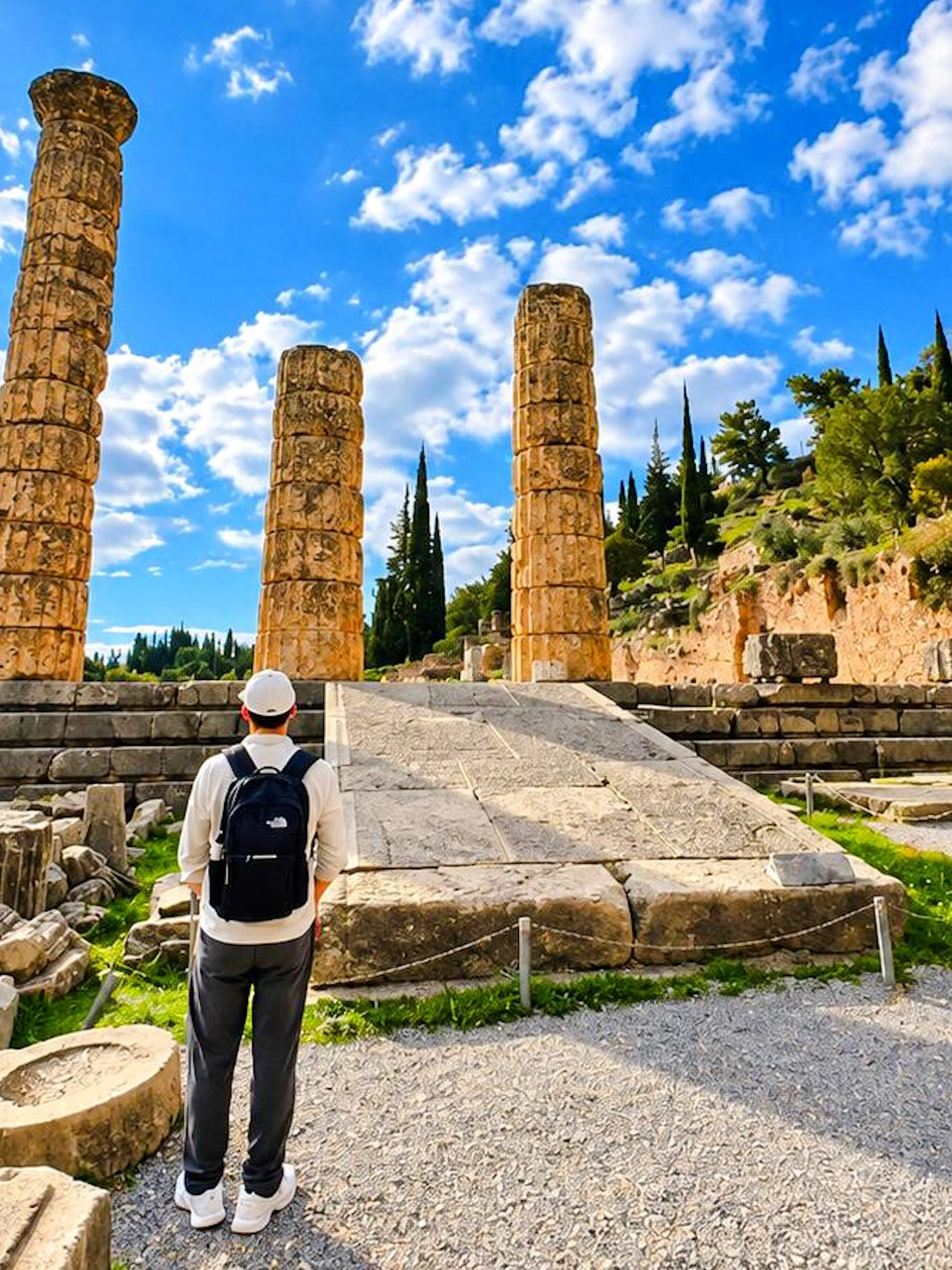 Visitors exploring ancient ruins at Delphi temple, Greece.