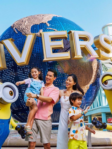 Family enjoying Universal Studios Singapore with Minion characters.