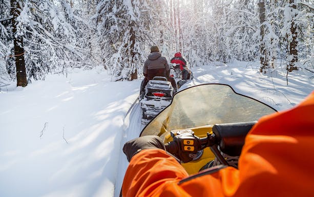 Snowmobiles driving through snowy forest in Zakopane.