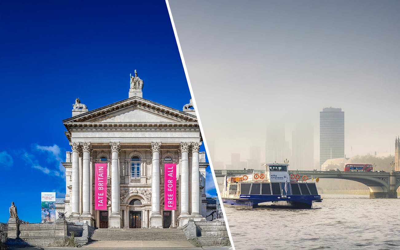 Tate Britain museum and a city cruise boat on the River Thames in London.