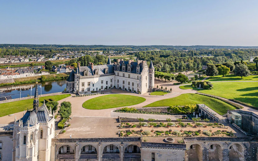 Amboise Royal Castle with gardens and river view in France.