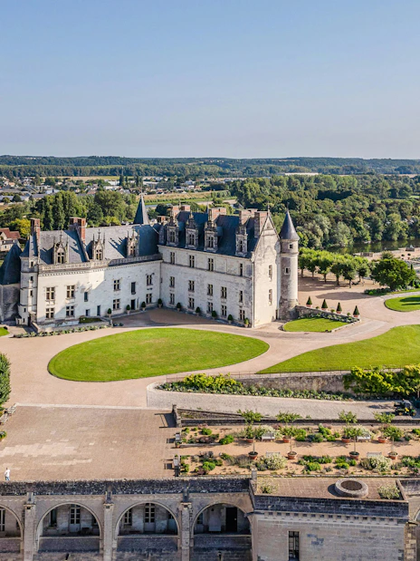 Amboise Royal Castle with gardens and river view in France.