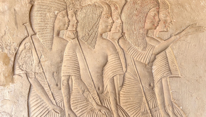 Wall reliefs depicting figures in Horemheb tomb, Saqqara, Giza.