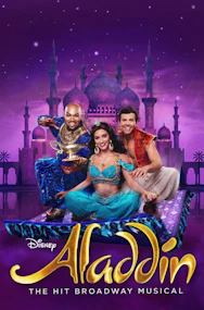 Aladdin Broadway musical characters with a magical lamp in front of a palace backdrop.