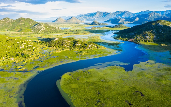 Aerial view of Crnojevica River winding through lush landscape near Skadar Lake, Montenegro.