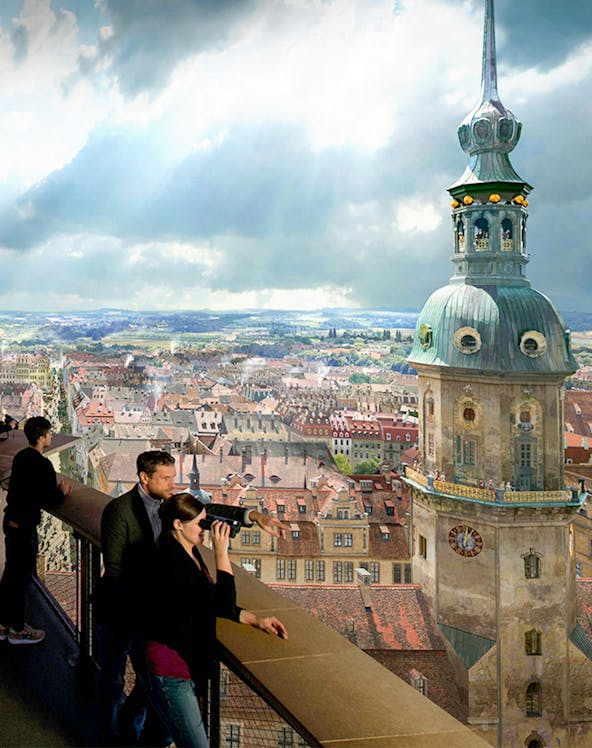 Tourists viewing Dresden skyline from Frauenkirche dome, Germany.
