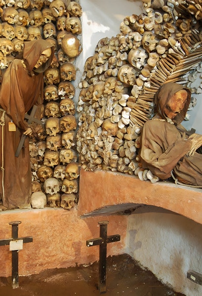 Monk skeletons and skulls in Rome's Capuchin Crypt, Italy.