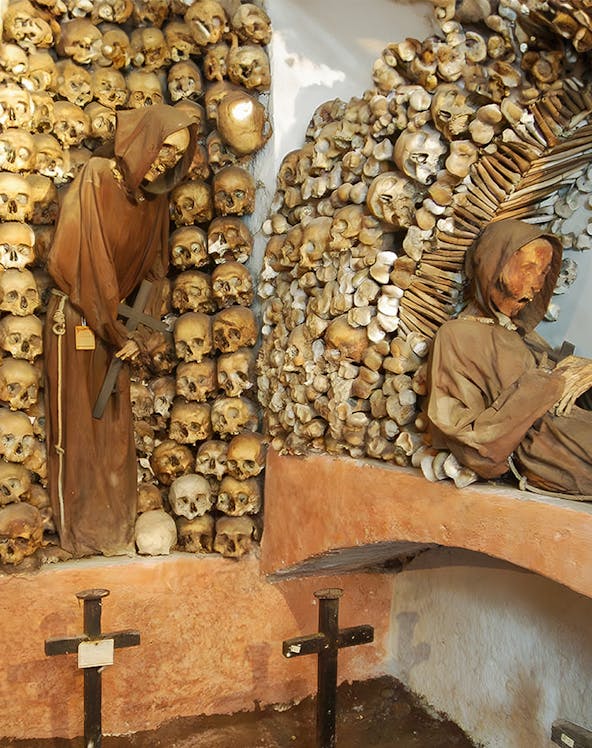 Monk skeletons and skulls in Rome's Capuchin Crypt, Italy.