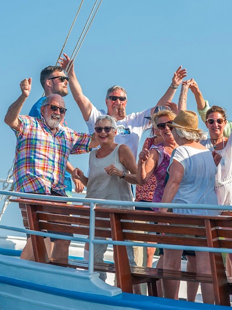 Group enjoying a boat tour to Elaphite Islands near Dubrovnik.