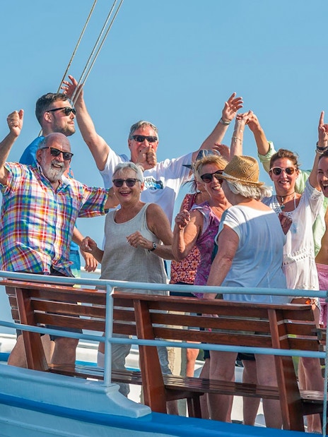 Group enjoying a boat tour to Elaphite Islands near Dubrovnik.