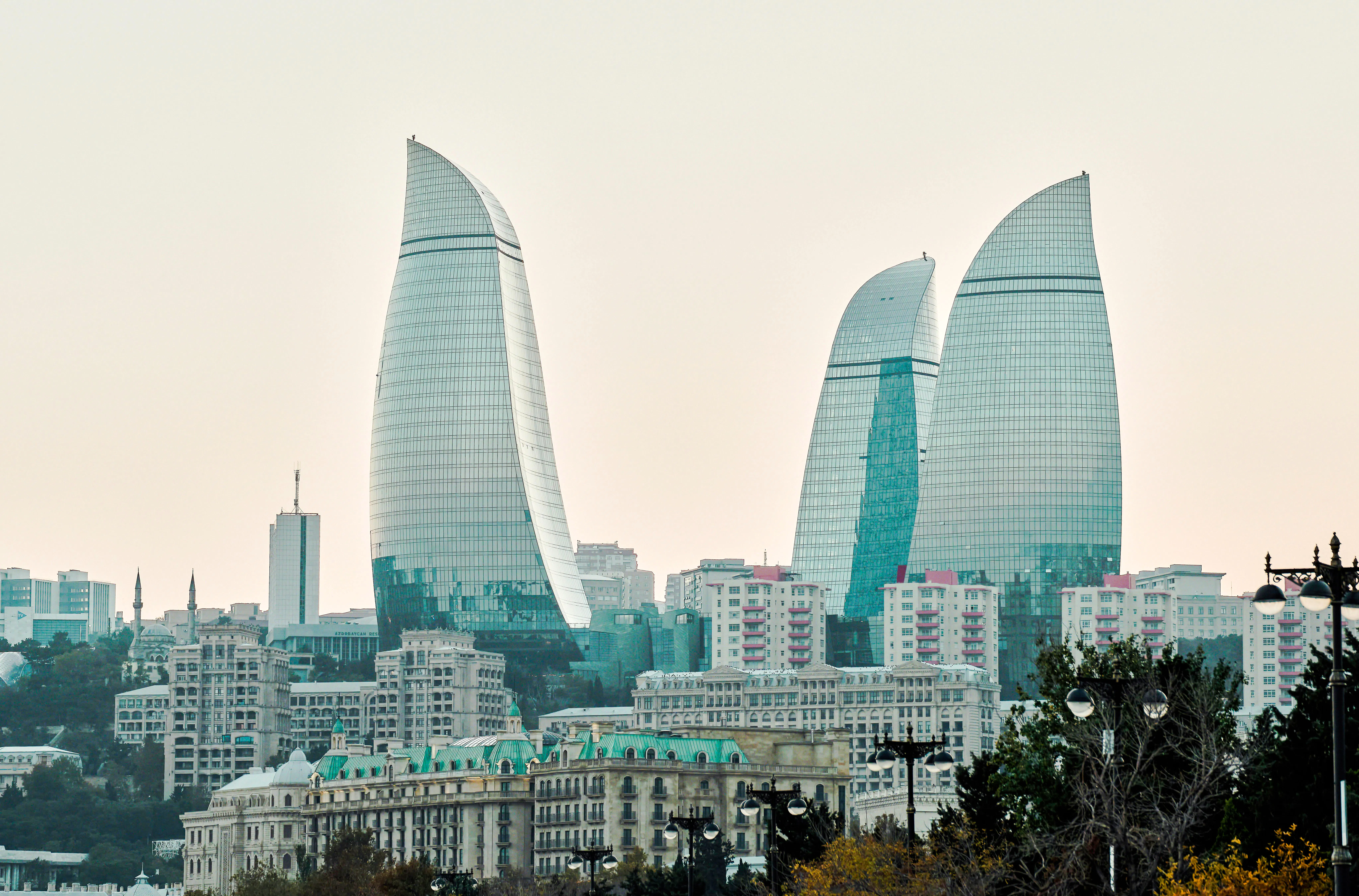 Flame Towers skyline in Baku, Azerbaijan, showcasing modern architecture on the Old and Modern Baku City Tour.
