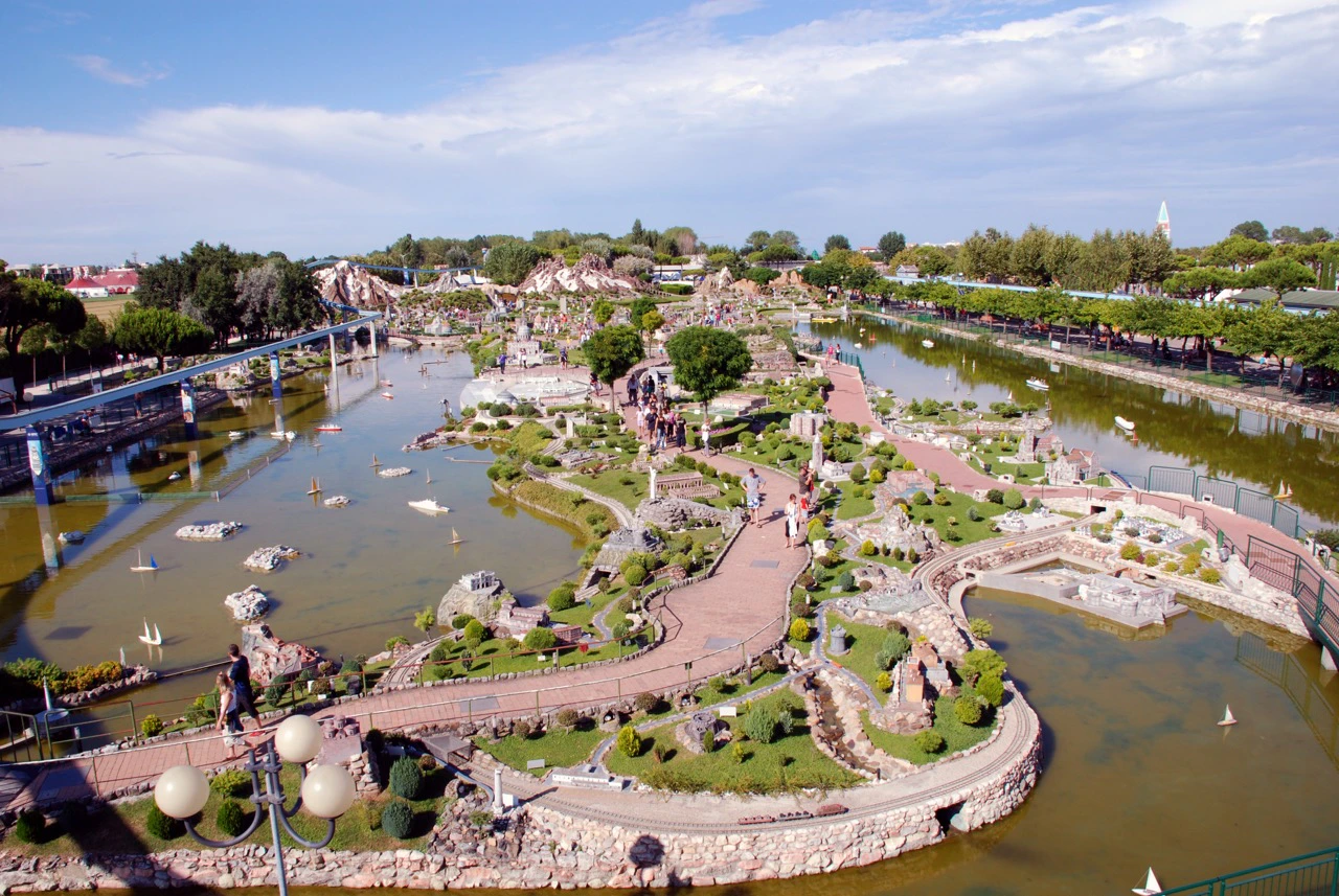 Italia in Miniatura park with miniature landscapes and waterways in Rimini, Italy.