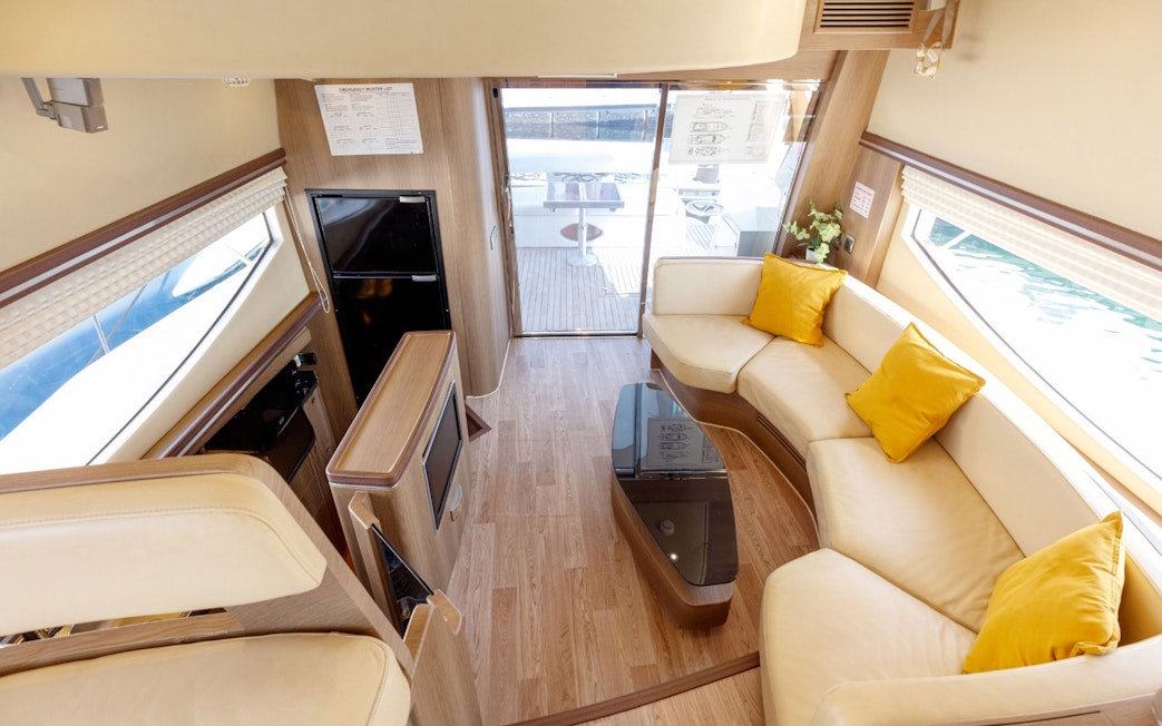 Interior of VERONIKA Private Luxury Yacht with plush seating and modern decor.
