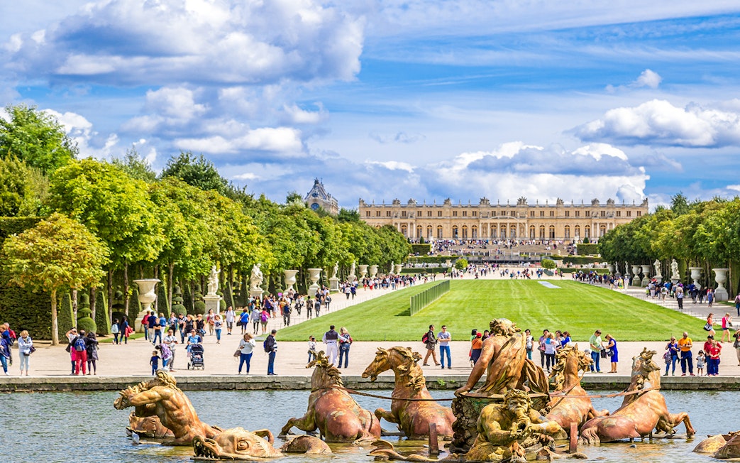 Fountain and gardens leading to the Palace of Versailles, France.