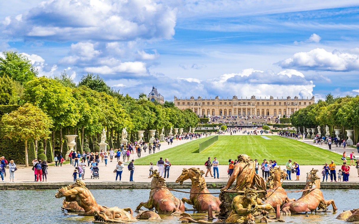 Fountain and gardens leading to the Palace of Versailles, France.