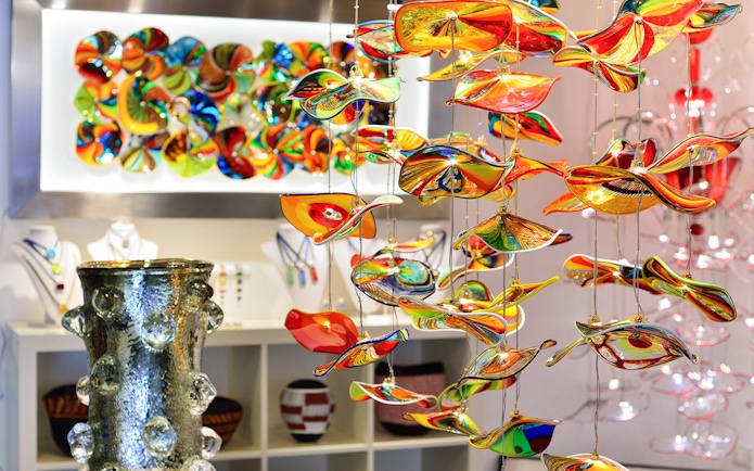 Colorful Murano glass art display at Murano Glass Museum, Venice.