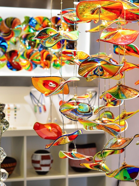 Colorful Murano glass art display at Murano Glass Museum, Venice.