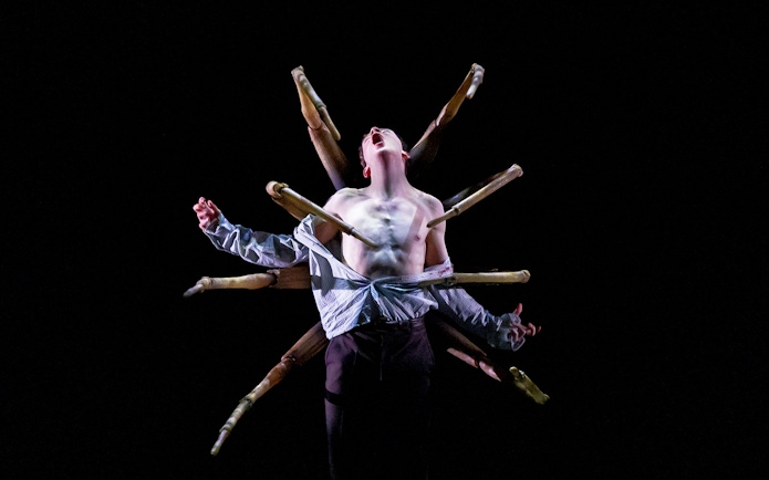 Person with wooden limbs emerging from back, inspired by Stranger Things.