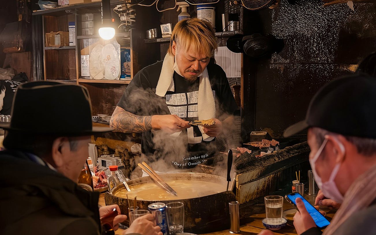 Chef preparing food at a bar during the Shinjuku Local Bar & Izakaya Crawl Tour in Tokyo.