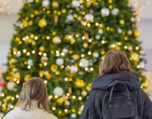 Shoppers admiring a large decorated Christmas tree with lights in a mall.