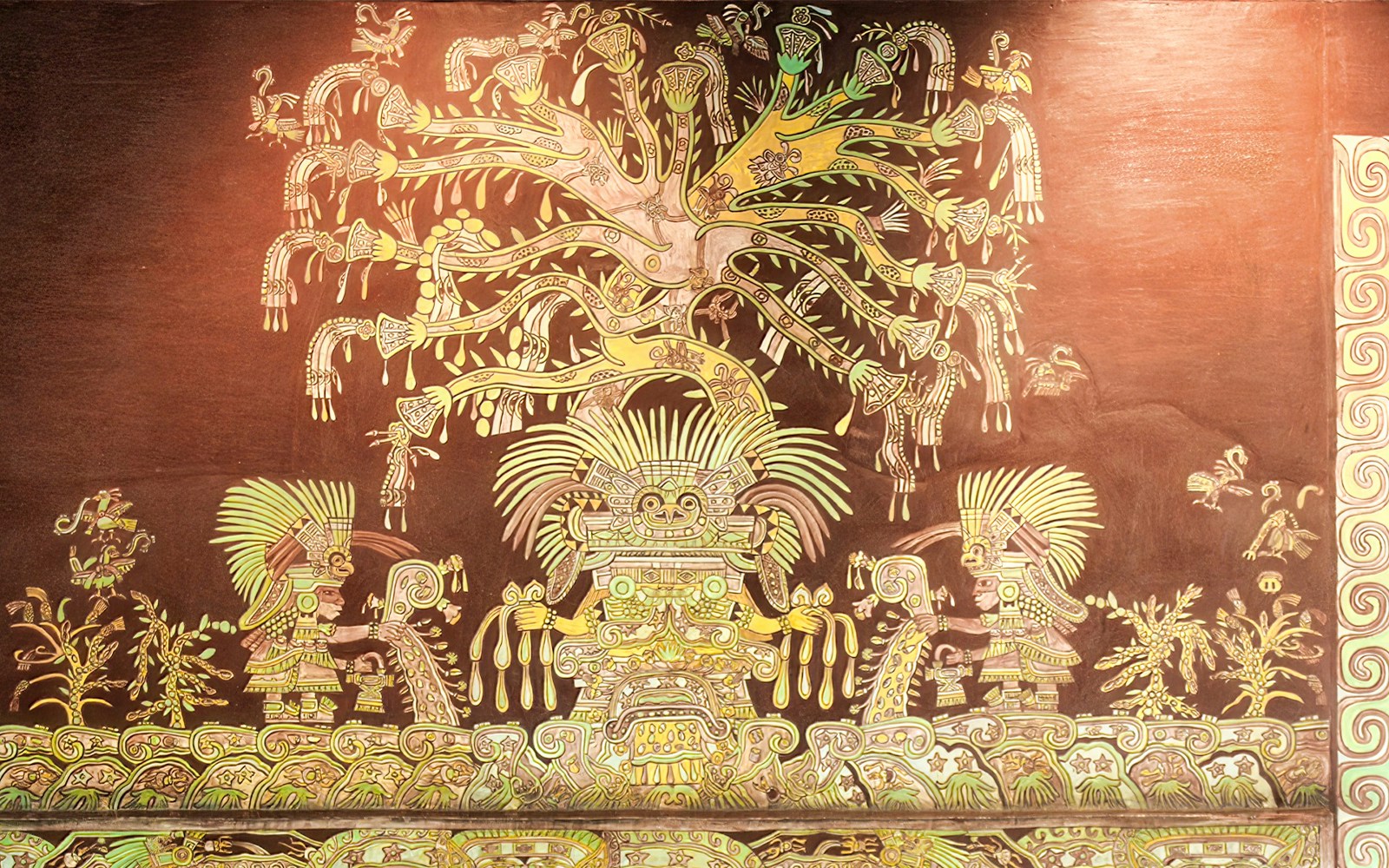 Fragments of wall painting from ancient Tenochtitlan, Mexico, showcasing intricate Aztec designs.