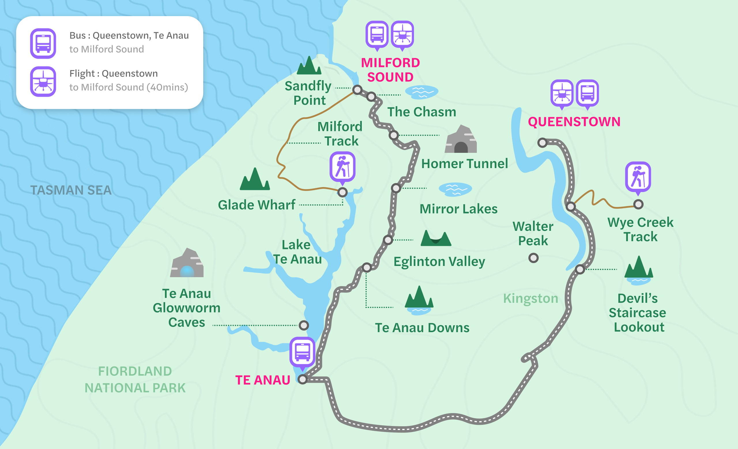 Queenstown to Milford Sound map