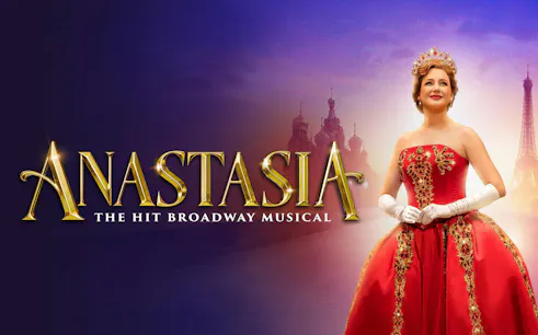 Anastasia musical poster with performer in red gown, Brisbane tour promotion
