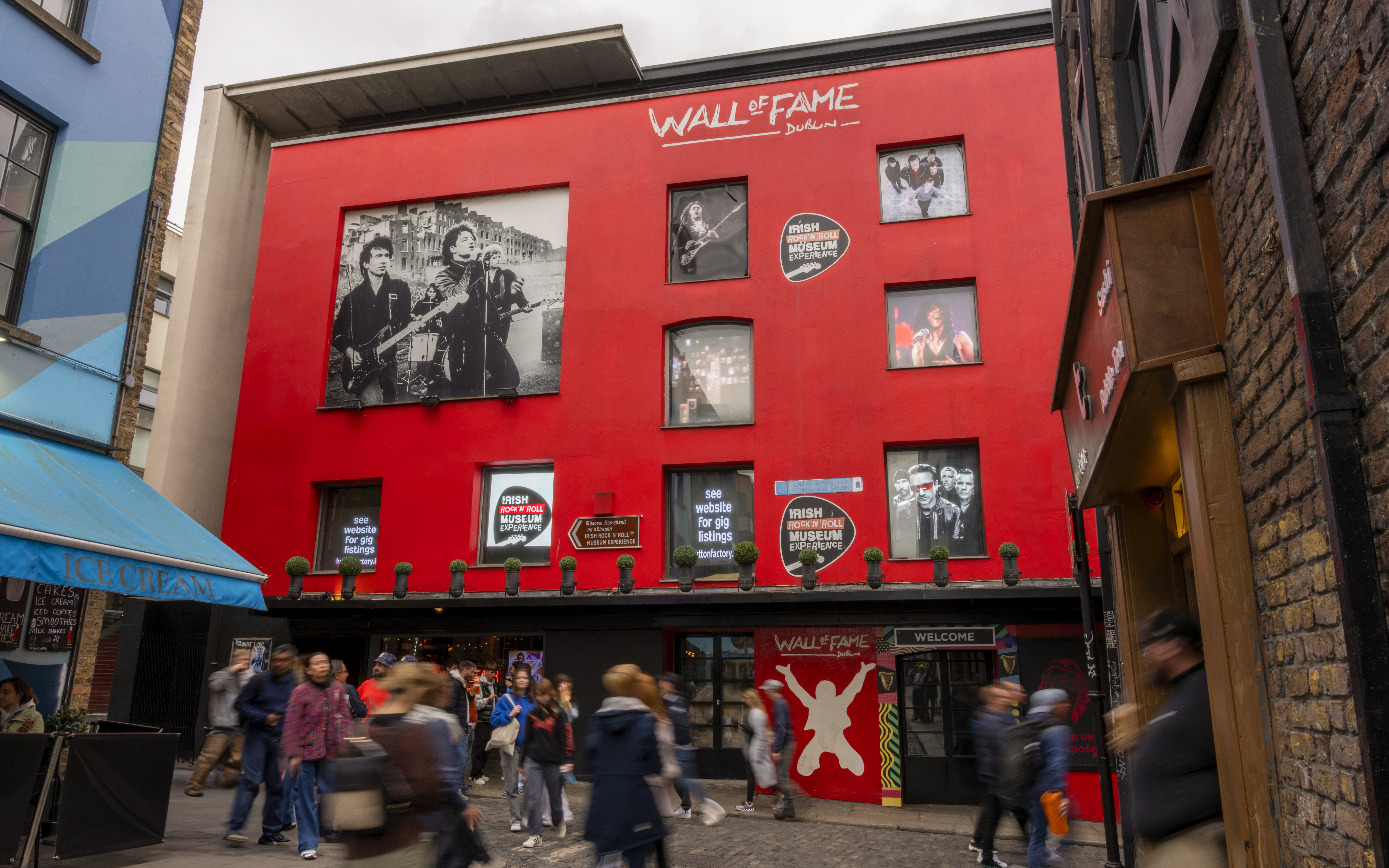 Irish Rock N Roll Museum Experience entrance with Wall of Fame in Dublin.