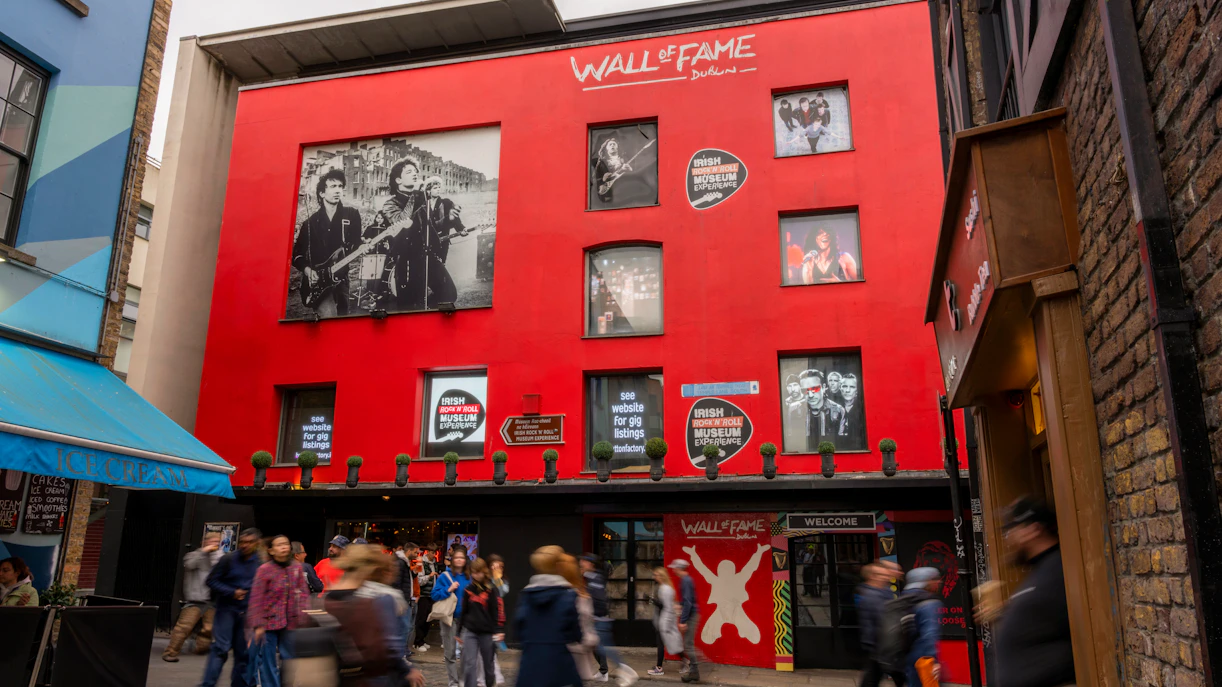 Irish Rock N Roll Museum Experience entrance with Wall of Fame in Dublin.
