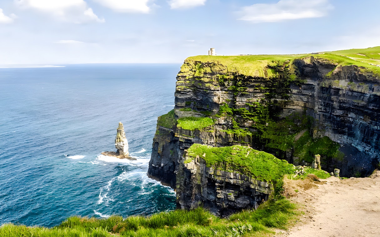 Cliffs of Moher with ocean view and O'Brien's Tower in County Clare, Ireland.
