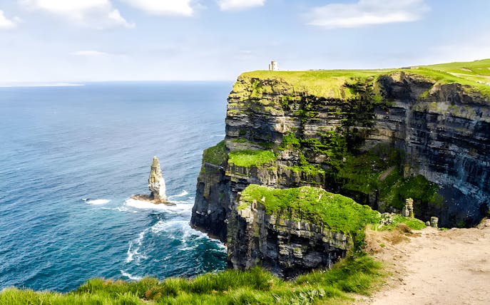 Cliffs of Moher with ocean view and O'Brien's Tower in County Clare, Ireland.