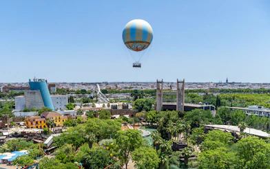 Hot air balloon over Isla Mágica theme park in Seville, Spain.