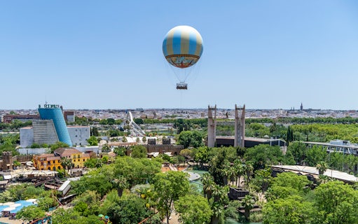 Hot air balloon over Isla Mágica theme park in Seville, Spain.