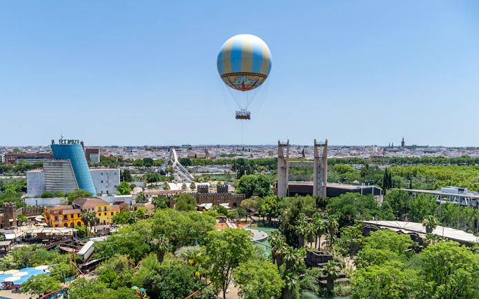 Hot air balloon over Isla Mágica theme park in Seville, Spain.