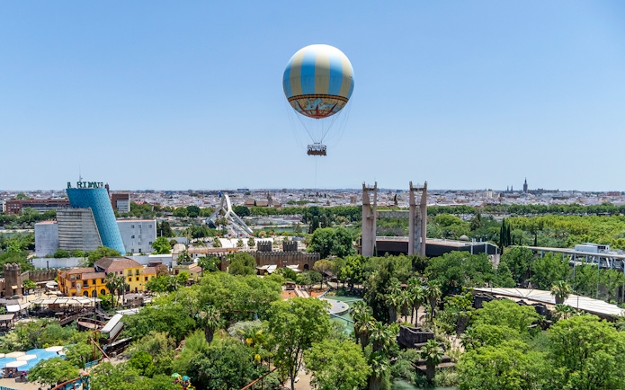 Hot air balloon over Isla Mágica theme park in Seville, Spain.