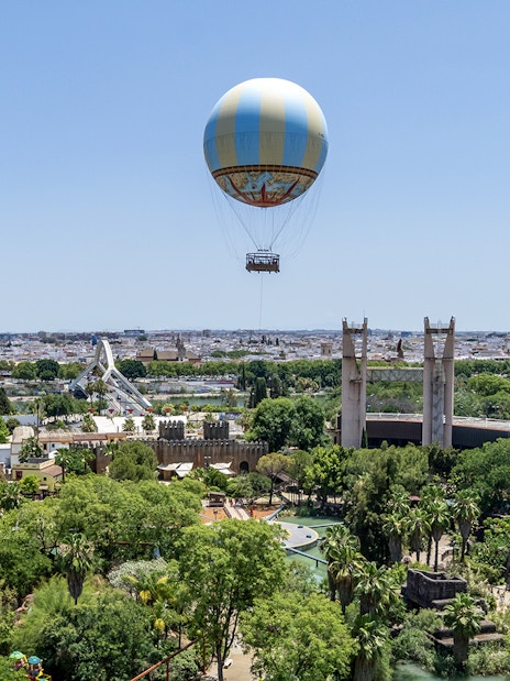 Hot air balloon over Isla Mágica theme park in Seville, Spain.