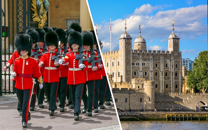 Changing of the Guards ceremony and Tower of London in London, England.