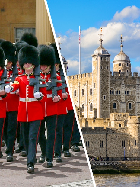 Changing of the Guards ceremony and Tower of London in London, England.