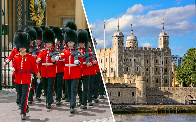 Changing of the Guards ceremony and Tower of London in London, England.