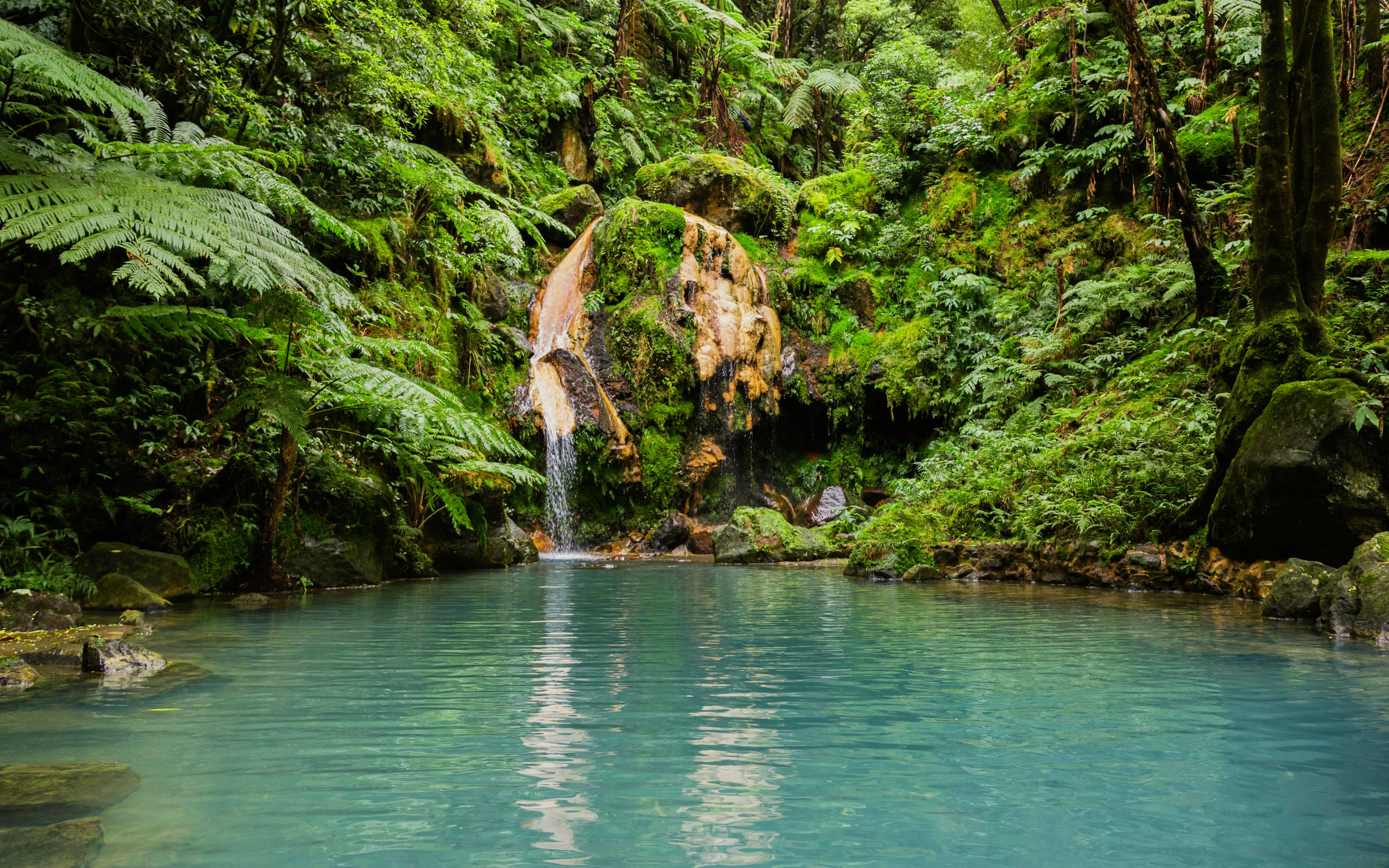 Natural hot spring at Caldeira Velha with waterfall in Sao Miguel, Azores, Portugal.