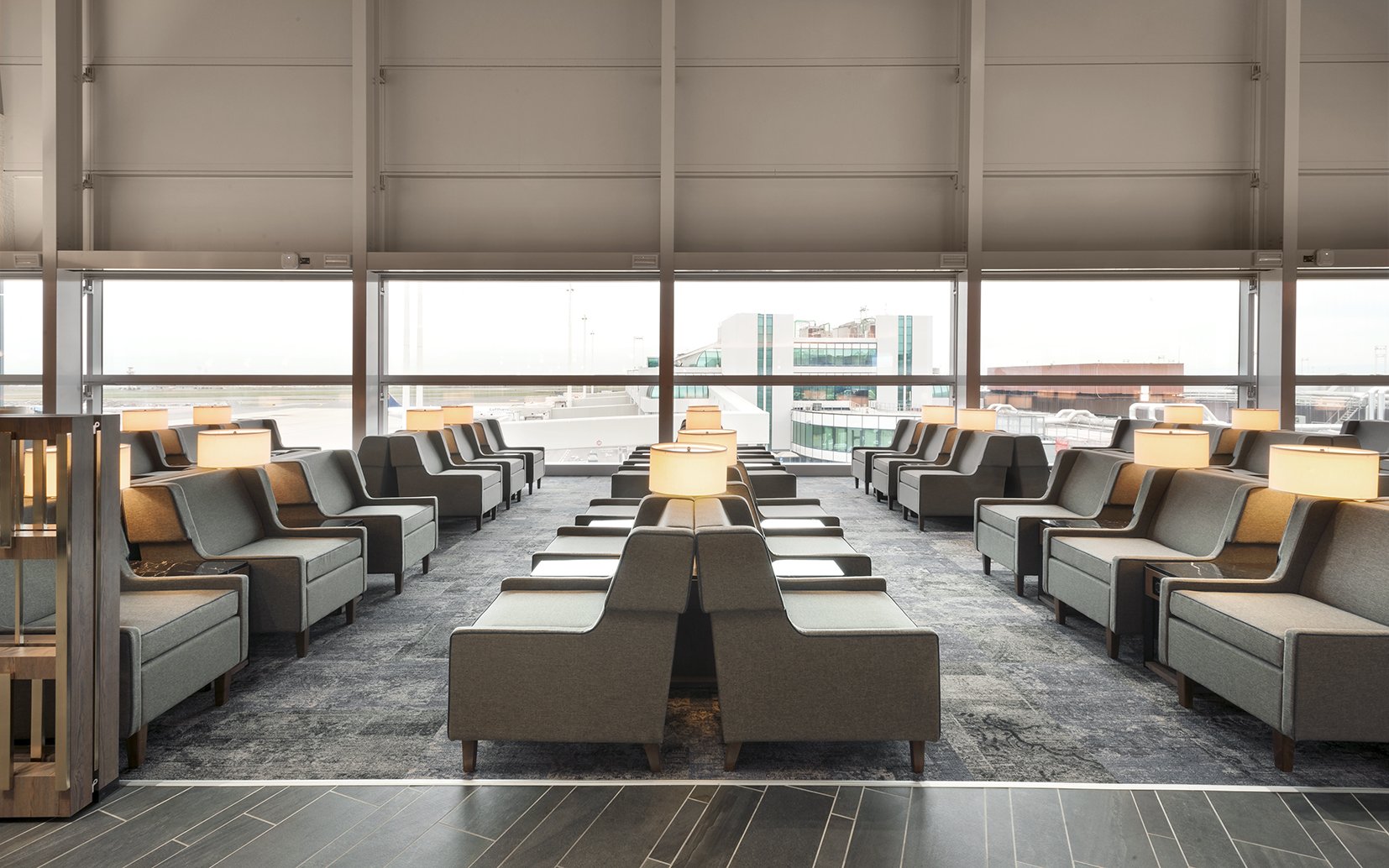 Seating area in Plaza Premium Lounge, Terminal 1, Leonardo da Vinci-Fiumicino Airport.